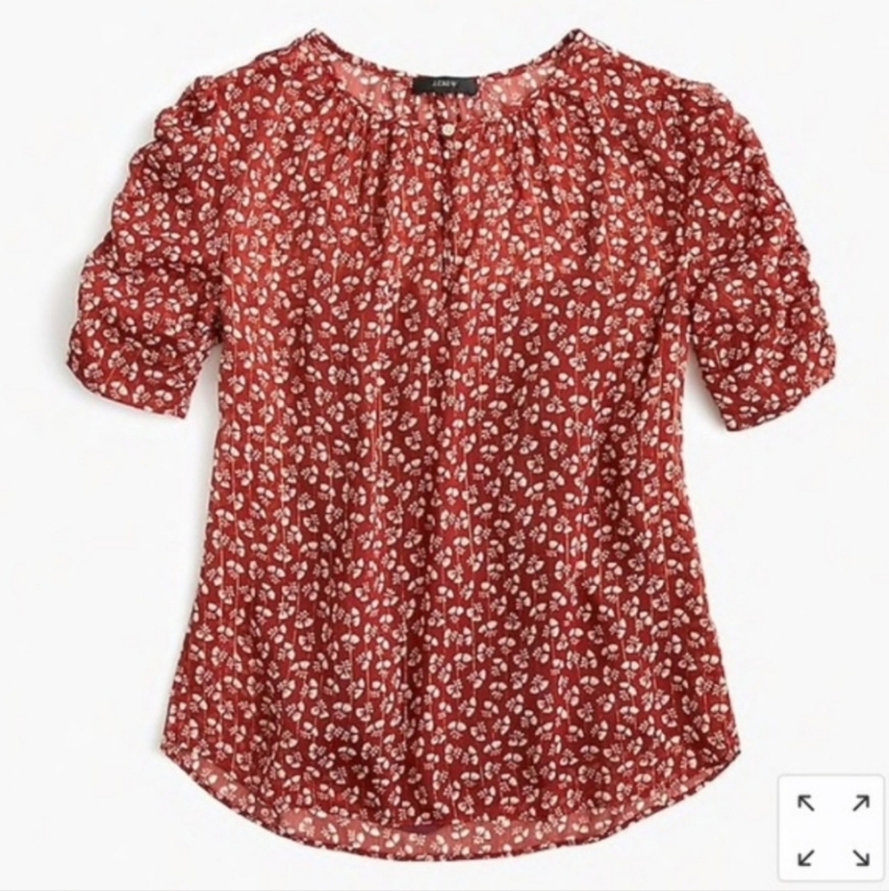 J. Crew Red Floral Blouse Size M Rouched Sleeve Lined